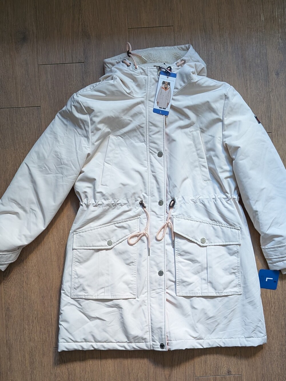 NWT Tommy Hilfiger Women's Hooded Parka Cream/Orange Size L